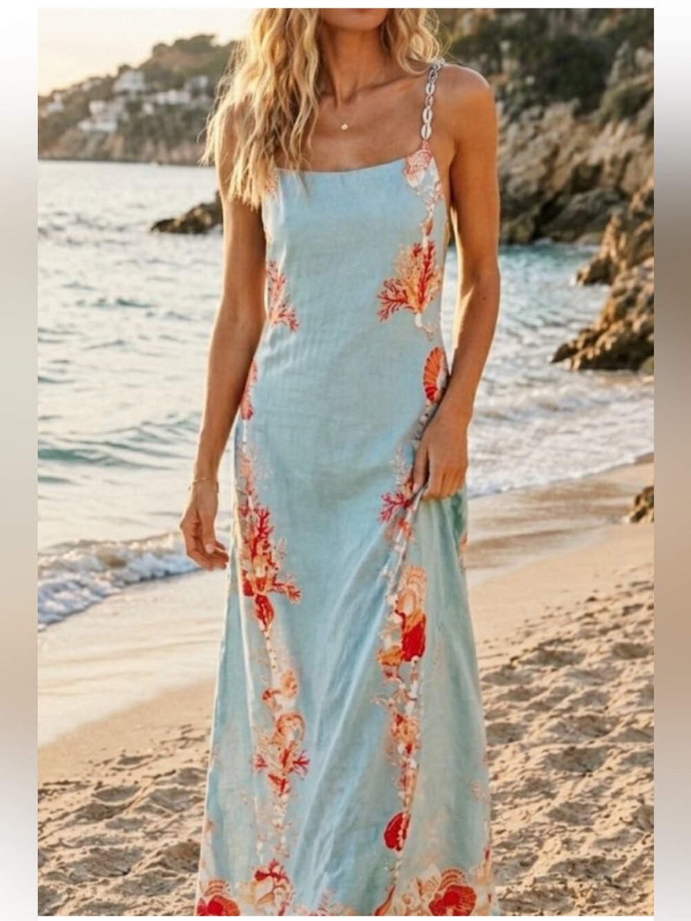 NWT Caroline Constas Bette Coral Shell Linen Blend Maxi Dress XS Seashell Straps